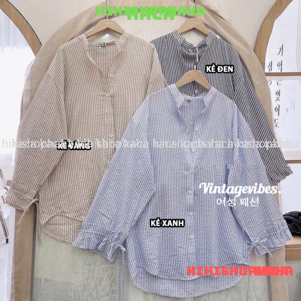 Áo sơ mi dáng rộng kẻ sọc cổ tàu tay phối bèo Ulzzang  - Ảnh thật kaca hihishophaha