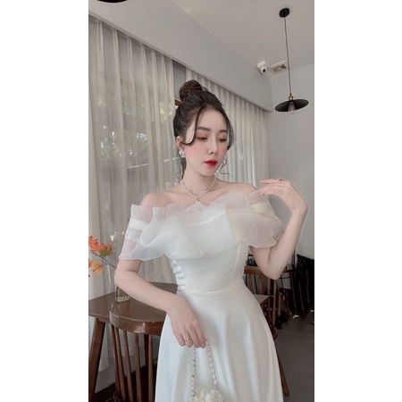 Váy xòe dự tiệc cưới dáng dài thiết kế trễ vai bông dự tiệc sml xl66 đầm trắng sang trọng