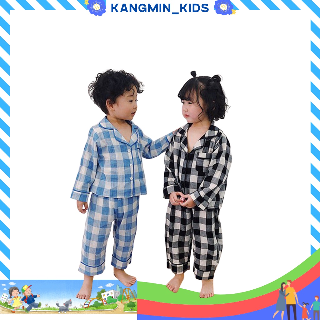 Bộ Pijama kẻ Dài tay cho bé trai, bé gái. Quần áo đồ ngủ dành cho bé tư 6-20kg_KANGMIN KIDS