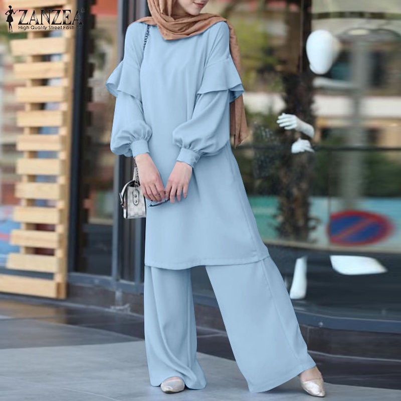 Set áo tay dài cổ tròn kèm quần dài lưng thun ZANZEA thời trang cho nữ