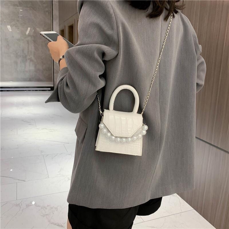 Túi Đeo Chéo Mini Phối Quai Ngọc, Túi Xách Nữ Da Rắn