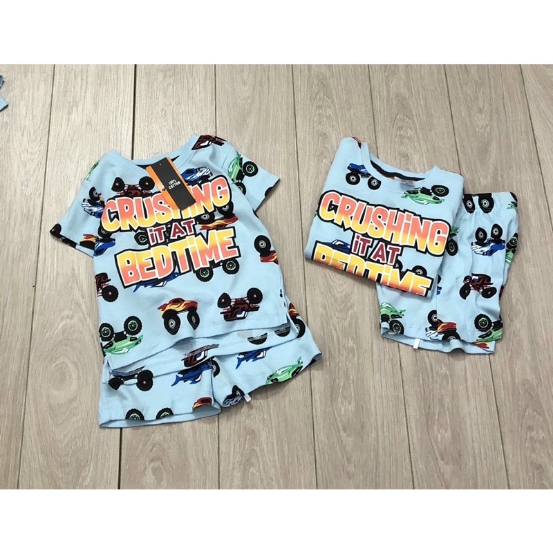 Bộ cộc tay cotton hoạ tiết oto xang cho bé trai size từ 12-22 cân