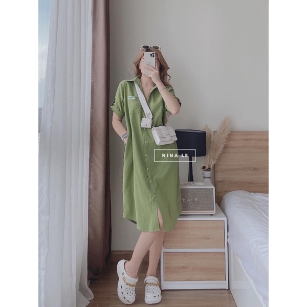 Đầm sơ mi hoạ tiết mickey sau lưng dáng suông siêu xinh