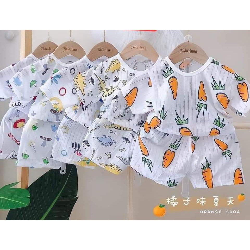 Bộ Cotton Giấy Cộc Tay Cài Vai Cho Bé Họa Tiết Dễ Thương Từ 5 – 15kg