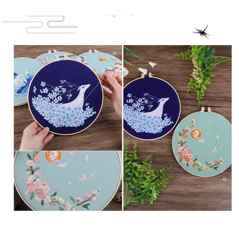 Kit thêu tay DIY mẫu Hươu Hoa sen xanh Bộ nguyên liệu tự thêu tay tranh phong cảnh - Xuân Khởi - ZEN Handmade