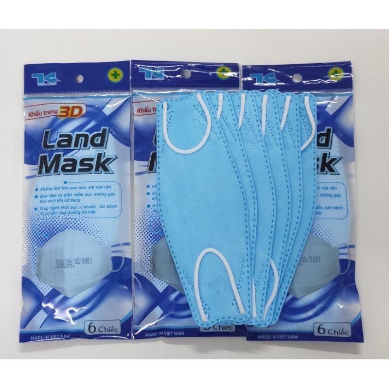 Khẩu trang 3D Kháng Khuẩn Land Mask Người lớn, trẻ em, set gồm 6 chiếc, hàng siêu xịn, mịn
