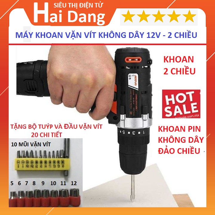 Bộ Máy Khoan 2 Chiều Kiêm Vặn Vít Không Dây Aotuo 12V (Tặng Bộ Đầu Tuýp Vặn Vít 20 Chi Tiết)