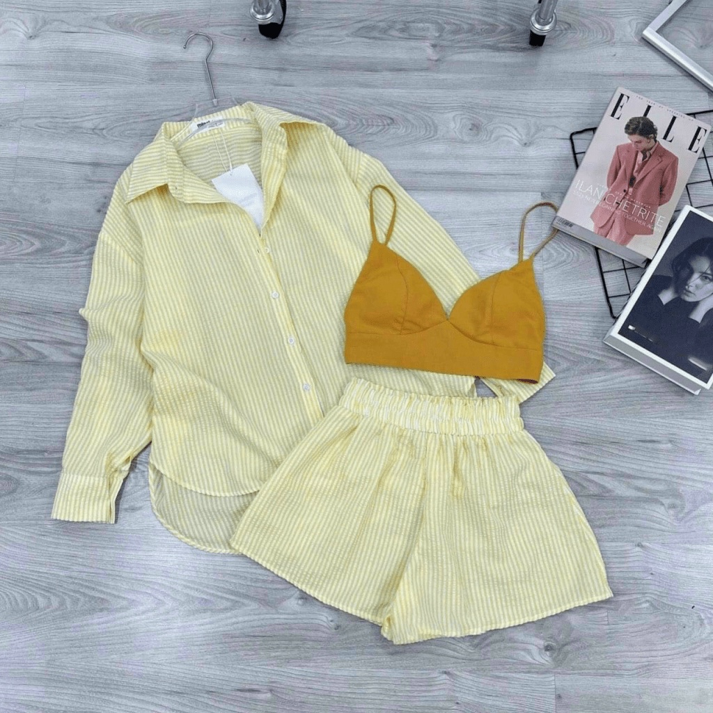 Sét Bộ 3 Món Sọc Dọc Chất Kate Xốp Nhẹ Mát Mặc Đẹp Phù Hợp Đi Chơi, Mặc Nhà Dáng Xinh [NEW UNISEX]