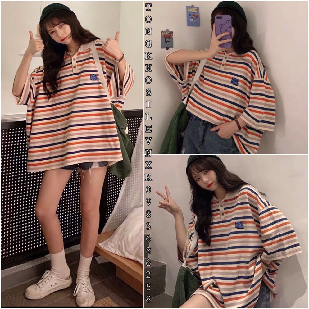 Áo Phông Polo Kẻ Sọc Hồng Unisex 🦋 Áo Thun Cổ Bẻ Tay Lỡ Dáng Rộng