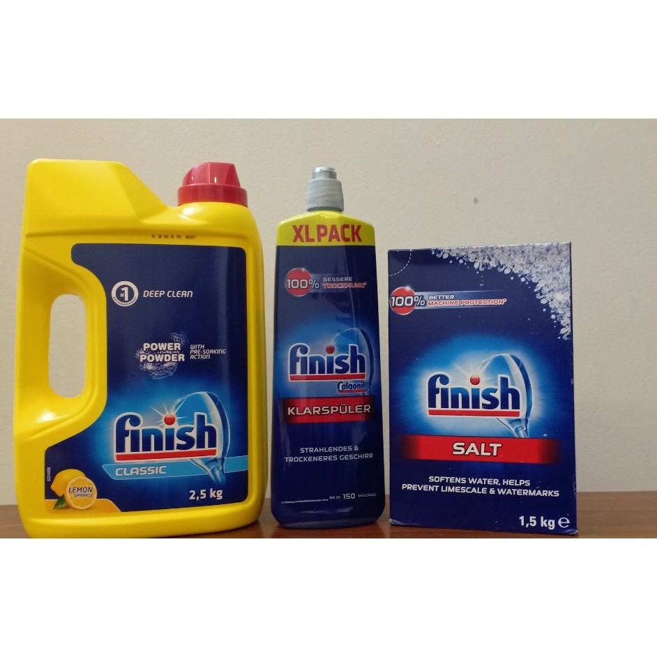 Combo Bột rửa bát finish 2.5kg + Muối rửa chén finish 1.2kg + nước bóng 750ml + Tặng  viên Finish