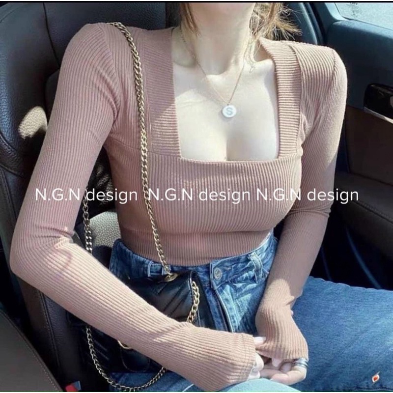  Áo len tăm cổ vuông croptop dài tay | BigBuy360 - bigbuy360.vn