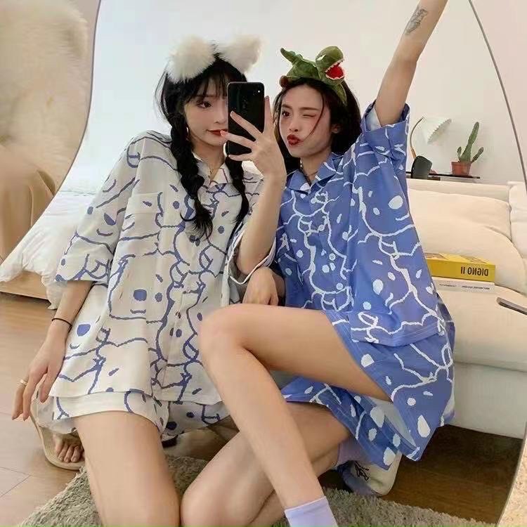 bộ ngủ mặc nhà, bộ pijama mặc nhà unisex 2 màu hình gấu kute