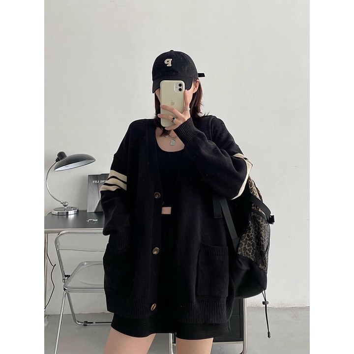 Áo khoác cardigan len đen sọc tay trắng hàng chuẩn QC len dày đẹp min freesize dưới 70kg