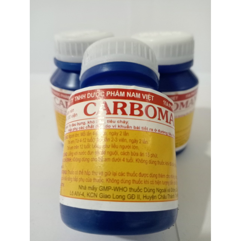 CARBOMANGO LỌ 100 VIÊN Hỗ trợ tiêu hóa trong trường hợp đau bụng, tiêu chảy, ăn không tiêu..