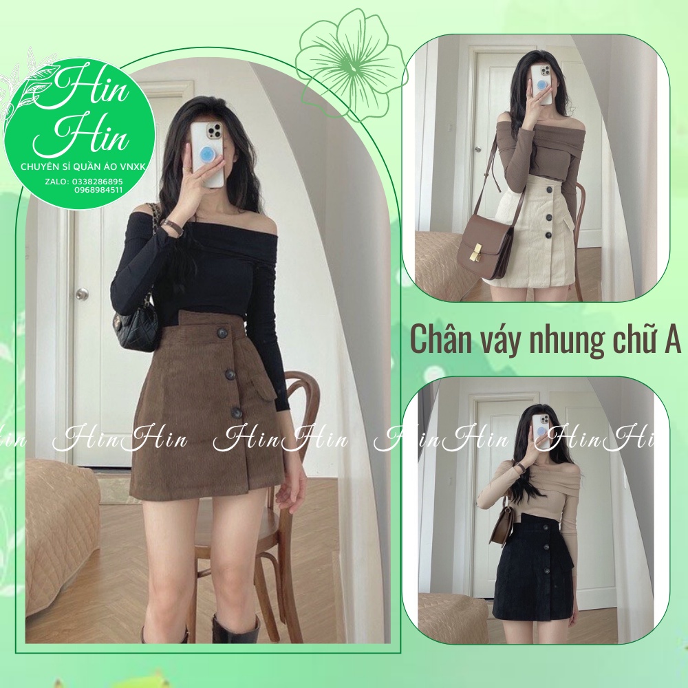 [Video+Ảnh thật] Chân váy nhung cạp cao lệch vạt, Chân váy chữ A lưng cao phong cách Hàn Quốc -Hinhin