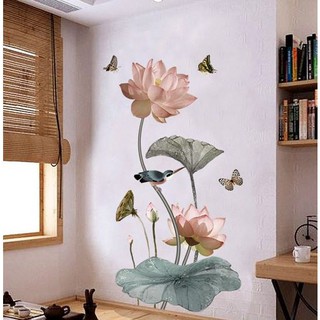 DECAL DÁN TƯỜNG HOA SEN LÁ NÂU NHẠT