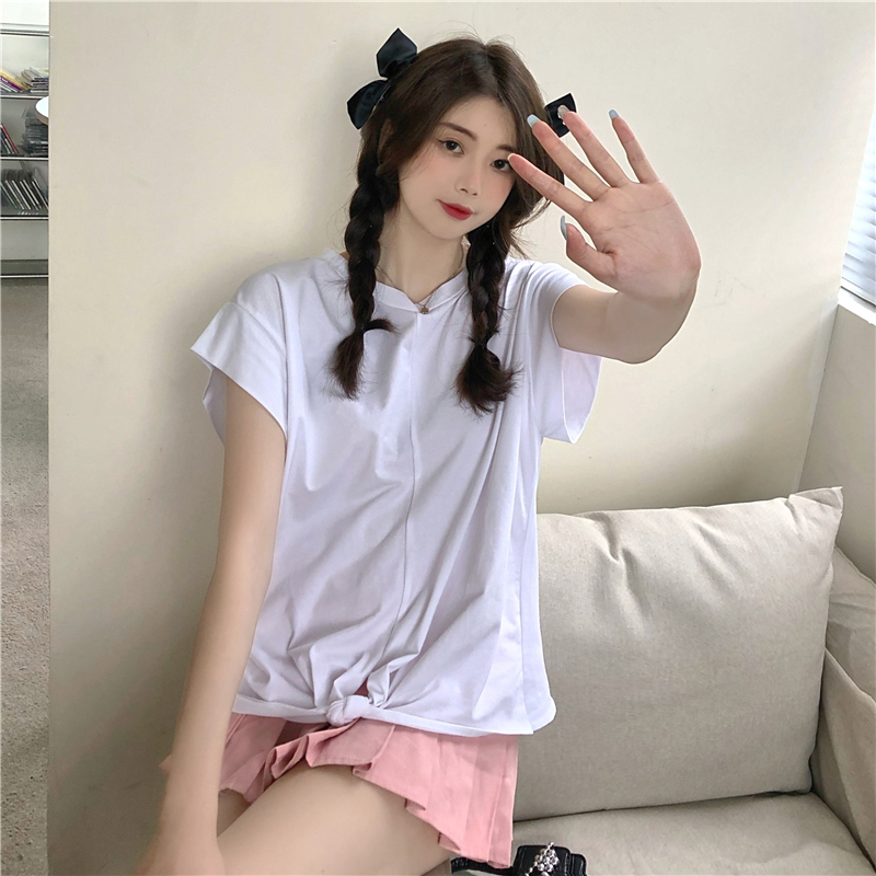 Korean Style Niche Design Sense Cross-knot Short-sleeved T-shirt Women White Blue Khaki M-XL