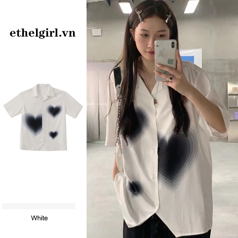 Áo Sơ Mi Tay Ngắn Cổ Polo Dáng Rộng In Họa Tiết Trái Tim Thời Trang Hàn Quốc Cho Nữ