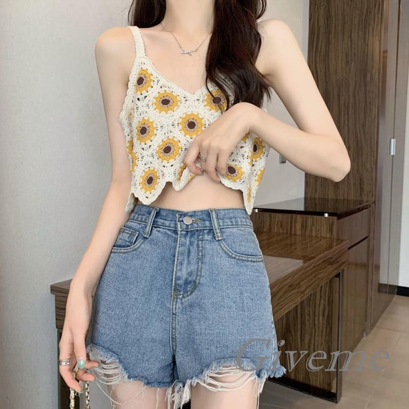 Áo Croptop Dệt Kim Sát Nách Cổ Chữ V Họa Tiết Hoa Hướng Dương Thời Trang Mùa Hè Cho Nữ