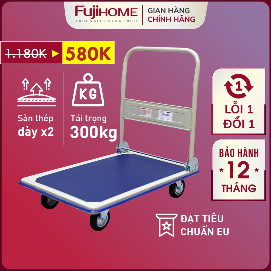 Xe đẩy hàng 4 bánh gấp gọn 300kg Nhập Khẩu FUJIHOME Nhật Bản, xe kéo hàng xếp gọn bánh cao su platform hand truck