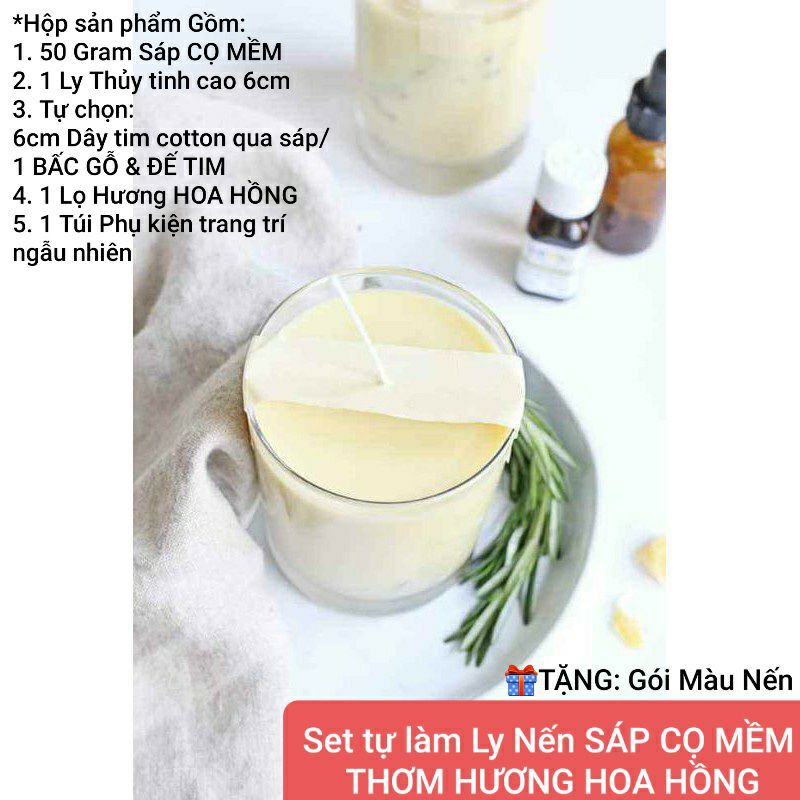 Set tự làm Ly Nến Sáp CỌ MỀM THƠM HƯƠNG HOA HỒNG tự chọn Tim COTTON/BẤC GỖ - 9293store - 9293kitdecor