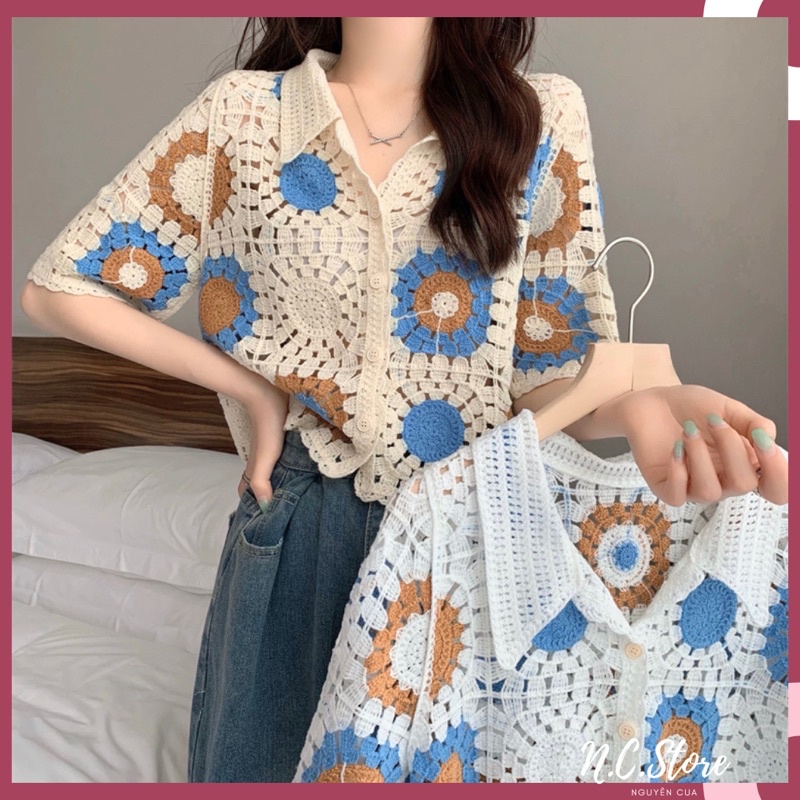 Áo Sơ MI Ren Len Đan Hoa Ngắn Tay Dễ Thương