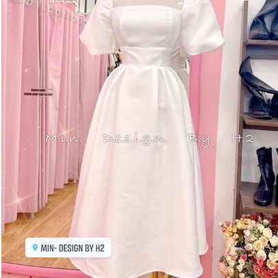Váy trắng dài,váy trắng cổ vuông phối lơ sau lưng,đầm trắng xoè dự tiệc cưới sang chảnh chất vải không nhàu KIM039