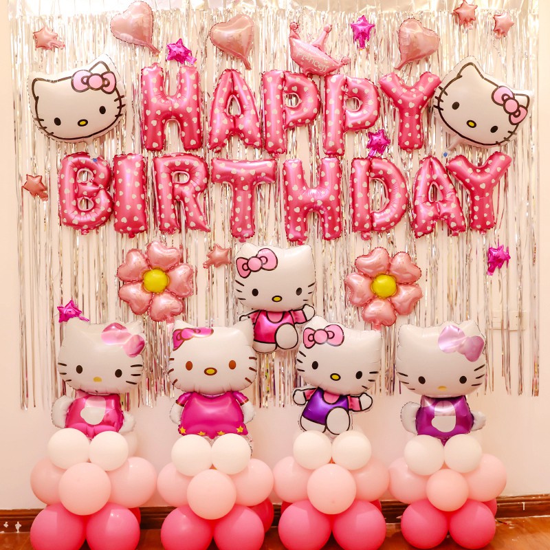 Combo Set Bóng Trang Trí Sinh Nhật Hình Mèo Kitty Cho Bé (Kèm Bơm Bóng+ Băng Dính)