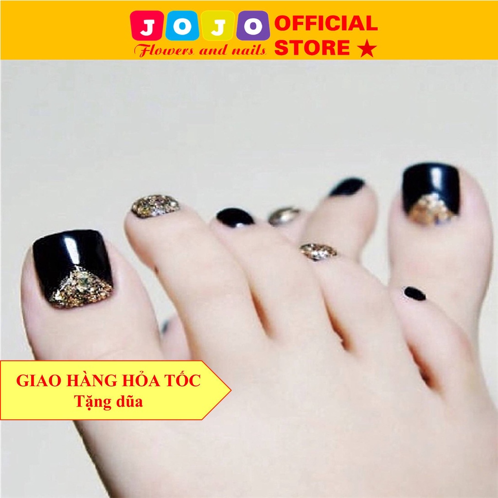 Bộ 24 móng chân giả nhũ đen sang trọng Jojo J82 móng giả nailbox rẻ đẹp chống thấm nước tự làm tại nhà