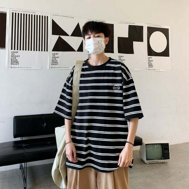 ÁO THUN TAY LỠ UNISEX NAM NỮ KẺ NGANG LOGO NGỰC