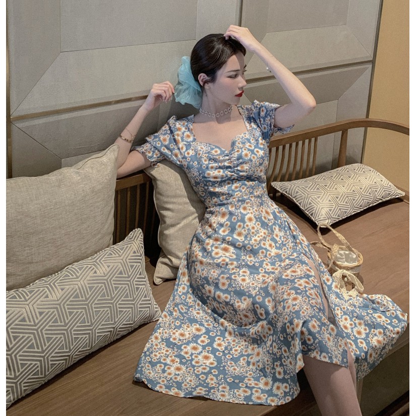 Đầm Tay Ngắn Cổ Vuông Họa Tiết Hoa Cúc Thời Trang | BigBuy360 - bigbuy360.vn