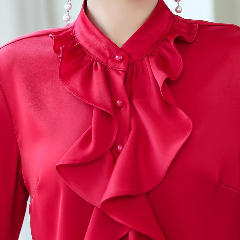 Áo sơ mi tay dài cổ đứng phối ren bèo thời trang cho phụ nữ trung niên