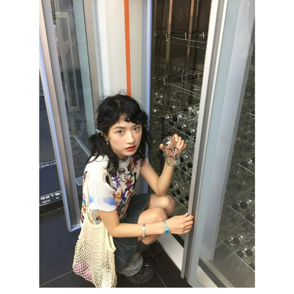 ZHELIHANGFEI Áo Thun Tay Ngắn Cổ Tròn In Họa Tiết Hoạt Hình Graffiti Thời Trang Mùa Hè Cho Nữ