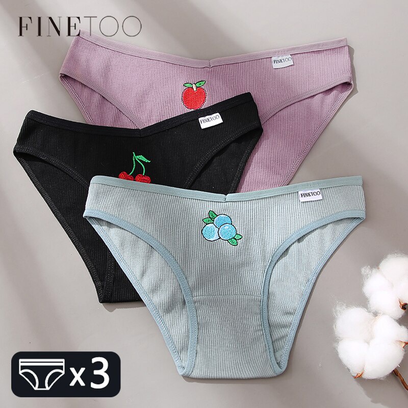 Set 3 quần lót FINETOO bằng vải cotton thêu hoa quả cạp thấp cho nữ kích thước M-2XL