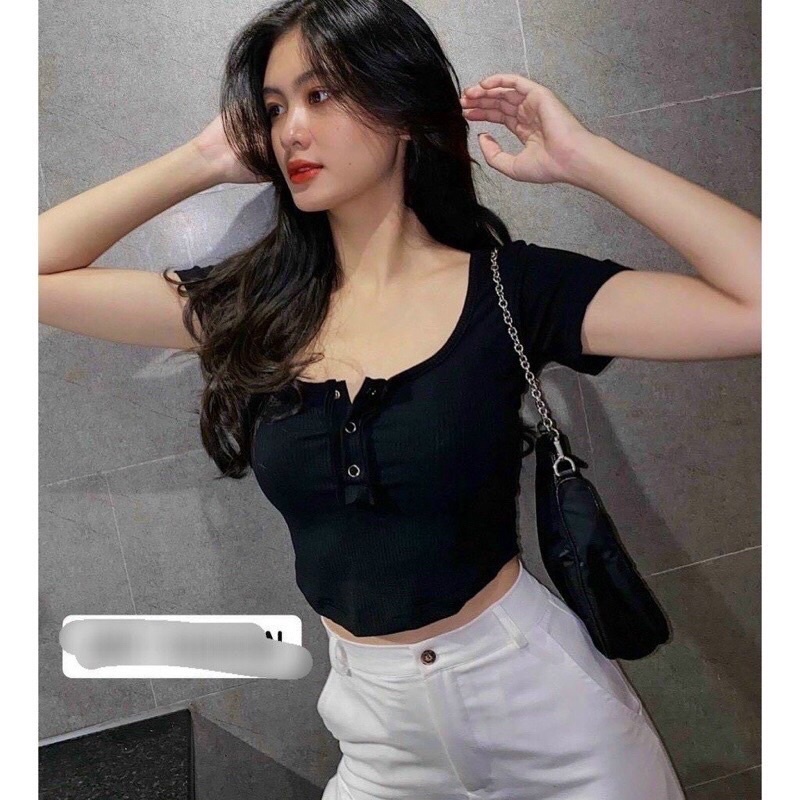[XẢ KHO] Áo Croptop Borip Cúc Bấm Vạt Bầu ,Thun Ôm Dáng Nữ Hack Dáng Siêu Đẹp Tay Ngắn Freesize &lt;52kg