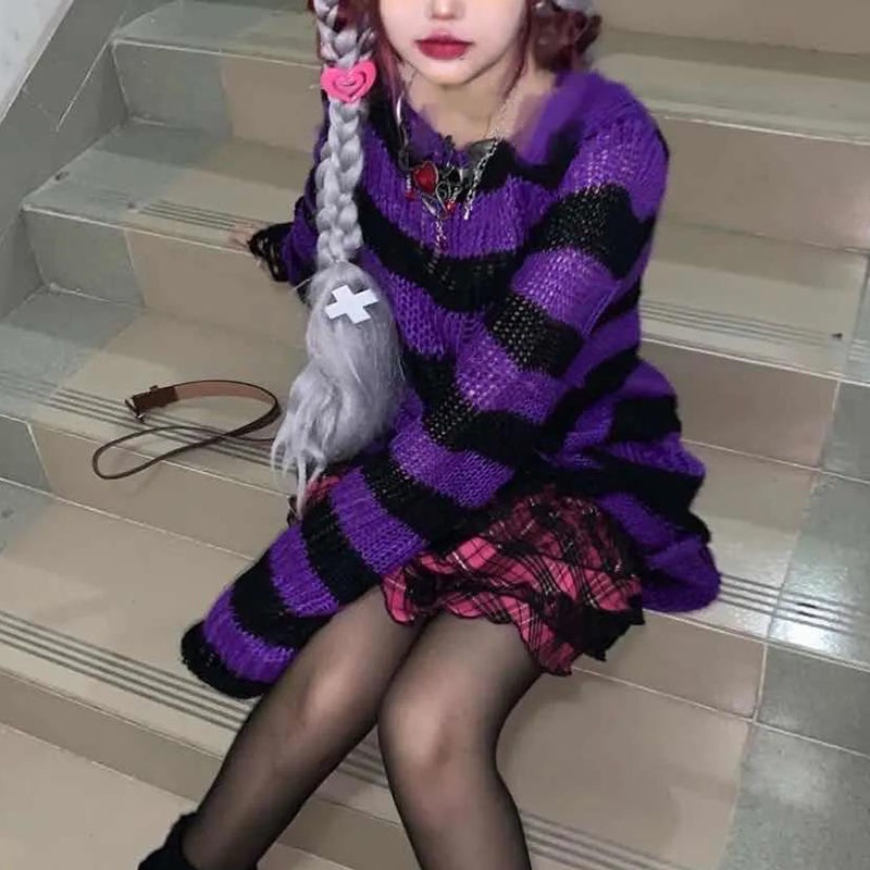 Áo Sweater Y2K Millennium Dáng Rộng Họa Tiết Kẻ Sọc Phong Cách Retro Cá Tính Cho Cặp Đôi