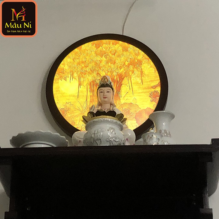 Đèn Để Bàn Trang Trí Bàn Thờ / Đèn Hoa Sen in họa tiết tranh trúc chỉ, khung sắt, Đường kính 30cm