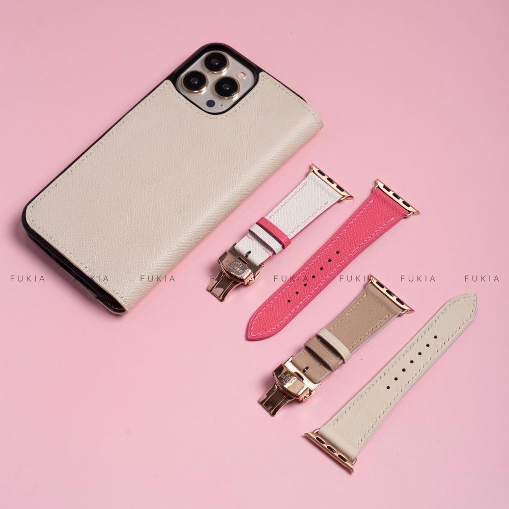Dây da thủ công Epsom Trắng Mix Hồng Đậm dành cho Apple Watch đồng hồ thông minh Series 1/2/3/4/5/6/7/SE DDTC246