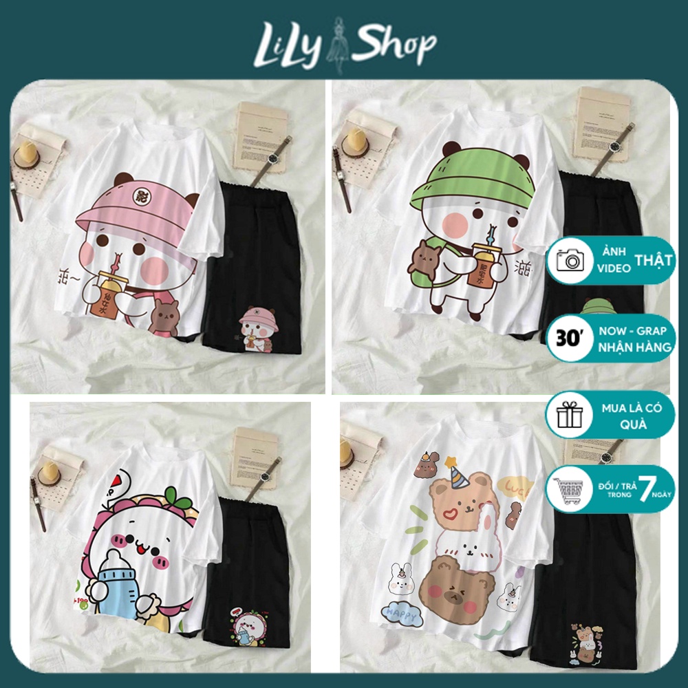 Set Bộ Đồ Gấu Trà Sữa Hoạt Hình Cute đáng yêu LILY set quần đùi, áo cánh hình in mùa hè