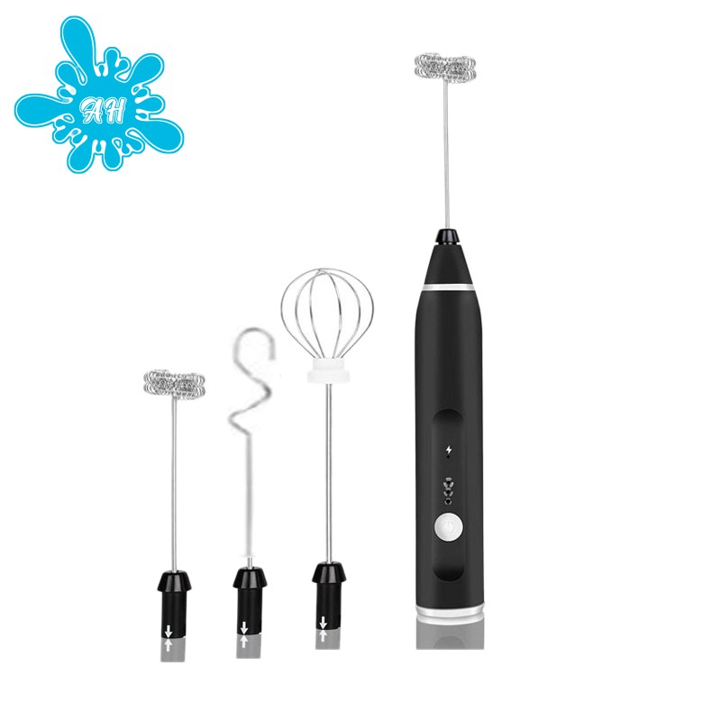 【Lifestyle】Mini Electric Milk Frother,USB Rechargeable Drink Mixer Handheld Egg Beater with 3 Mixing Head for Cappuccino
