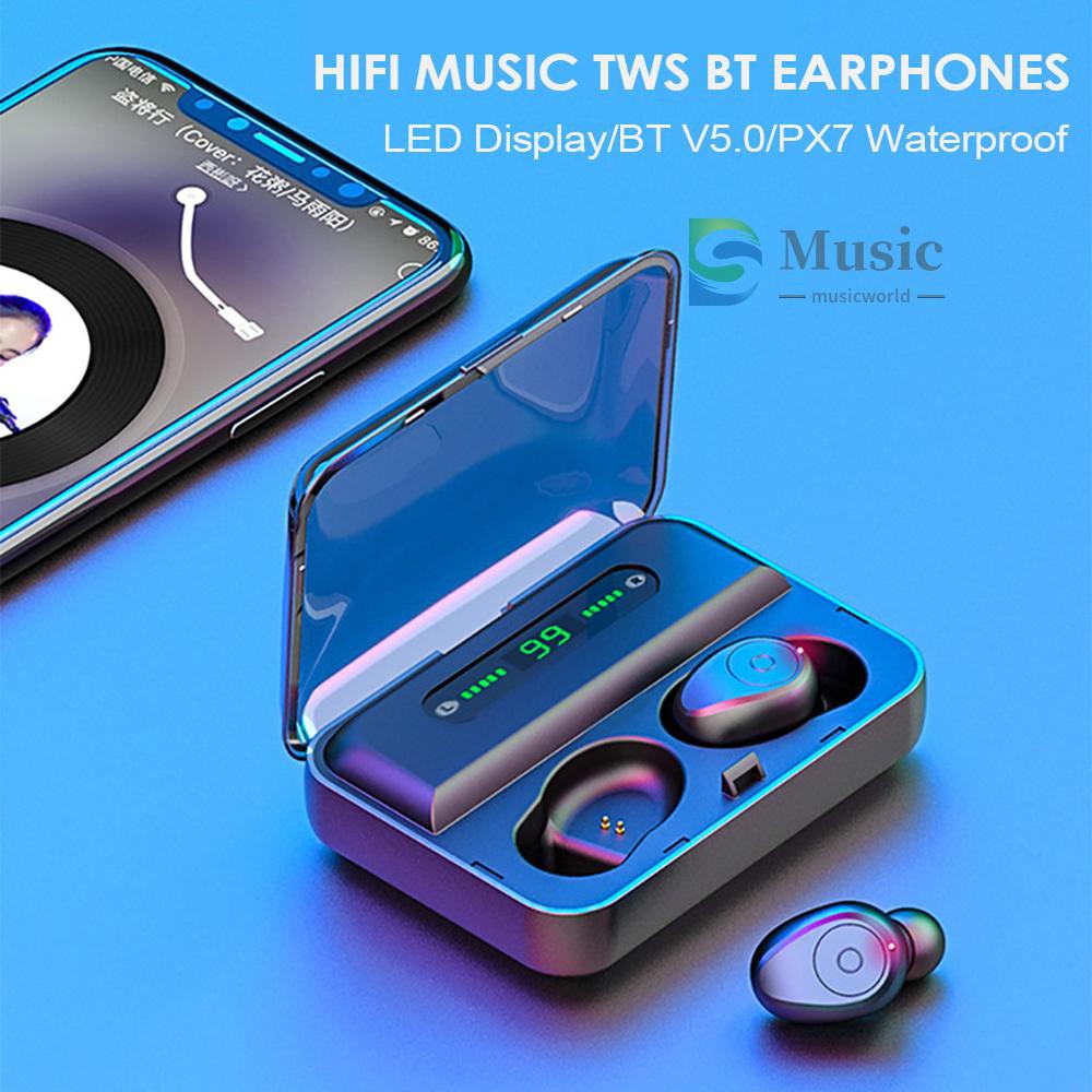 〖MUSIC〗F9 musicworld 5.0 True Wireless musicworld Earphones TWS Earbuds with Digital Display Stereo Music Headphones IPX7 Waterproof Sport Headset with Mic Charging Box