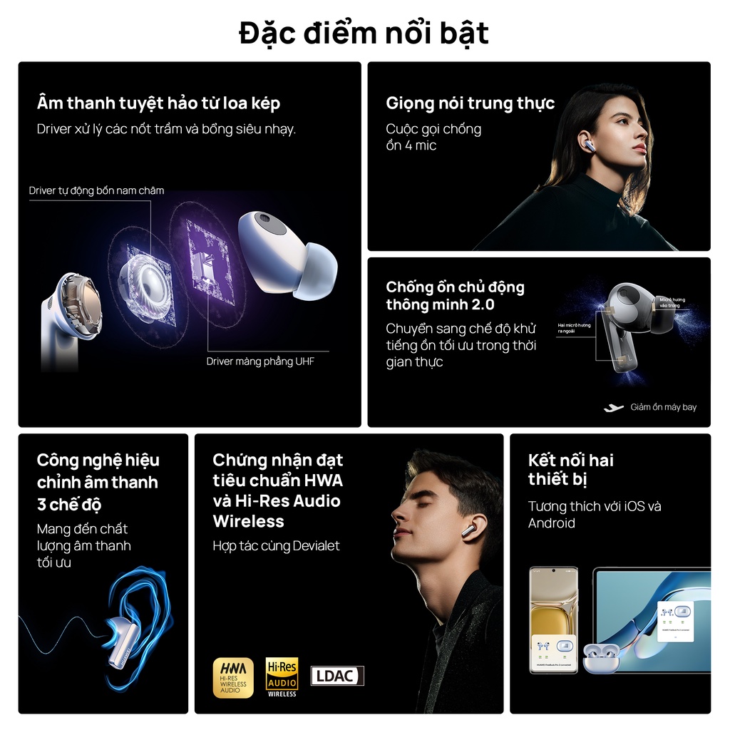 Tai nghe Bluetooth HUAWEI FreeBuds Pro 2 | Loa kép | Chống ồn chủ động thông minh 2.0