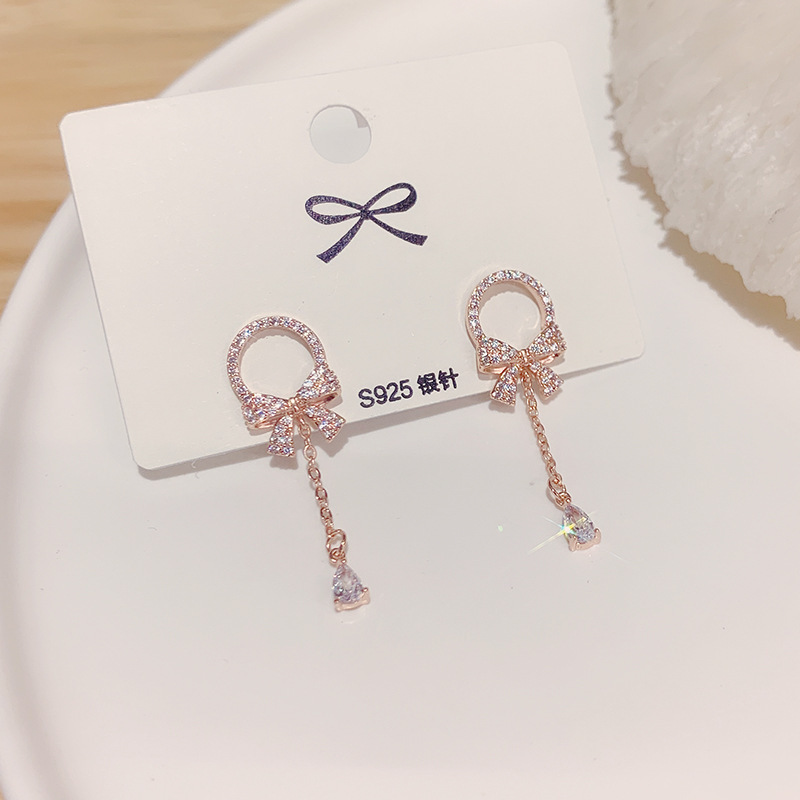 Đôi Bông Tai Mạ Bạc 925 Hình Nơ Đính Đá Xinh Xắn
