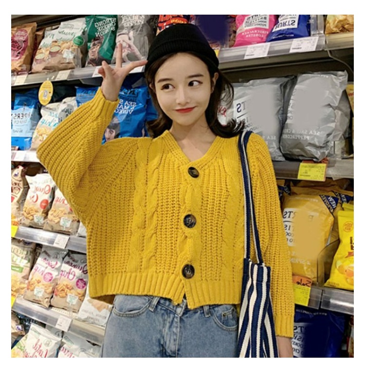 Áo khoác cardigan ZHELIHANGFEI dệt kim tay dài cổ chữ V dáng rộng lưng cao dễ phối đồ