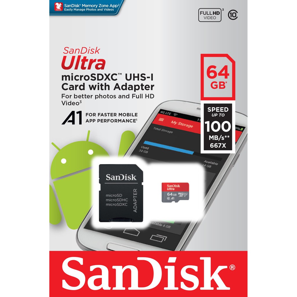 Thẻ nhớ SanDisk Ultra microSDXC 64GB, C10, A1, UHS-I, 100MB + Adapter