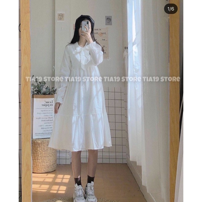 [Loại1SALE-Freeship] Váy trắng cổ nơ có lót trong❤dáng vintage trắng dáng dài❤phong cách babydoll Hàn Quốc | BigBuy360 - bigbuy360.vn