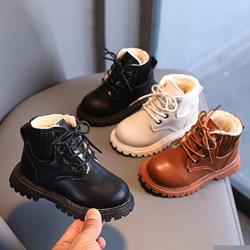 Giày bốt martin cổ thấp đế mềm bằng cotton phối nhung màu trơn có khóa kéo thời trang cho bé