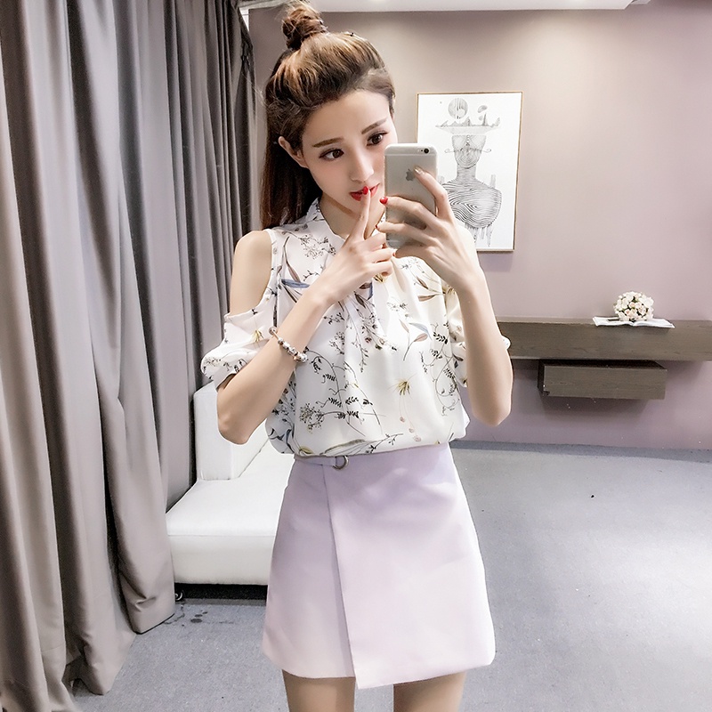 Áo Chiffon Hở Vai Cổ Tròn Tay Ngắn In Họa Tiết Hoa Plus Size Cho Nữ