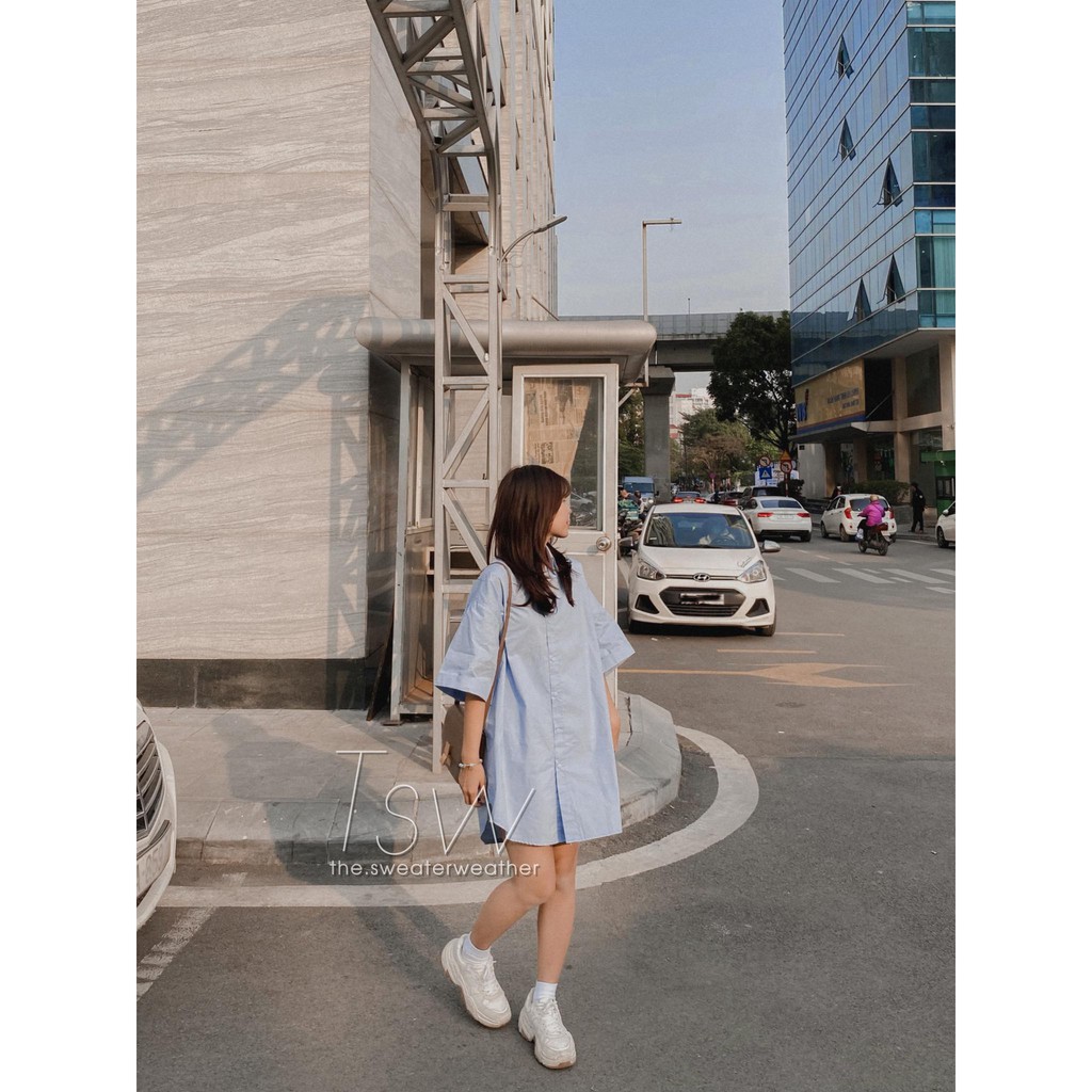 Váy sơ mi thô tay gập form rộng oversize shirt dress (Ảnh thật)