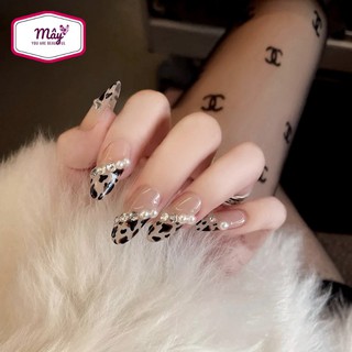Set 24 móng tay giả dài da báo đính charm ngọc, đa sang trọng CK